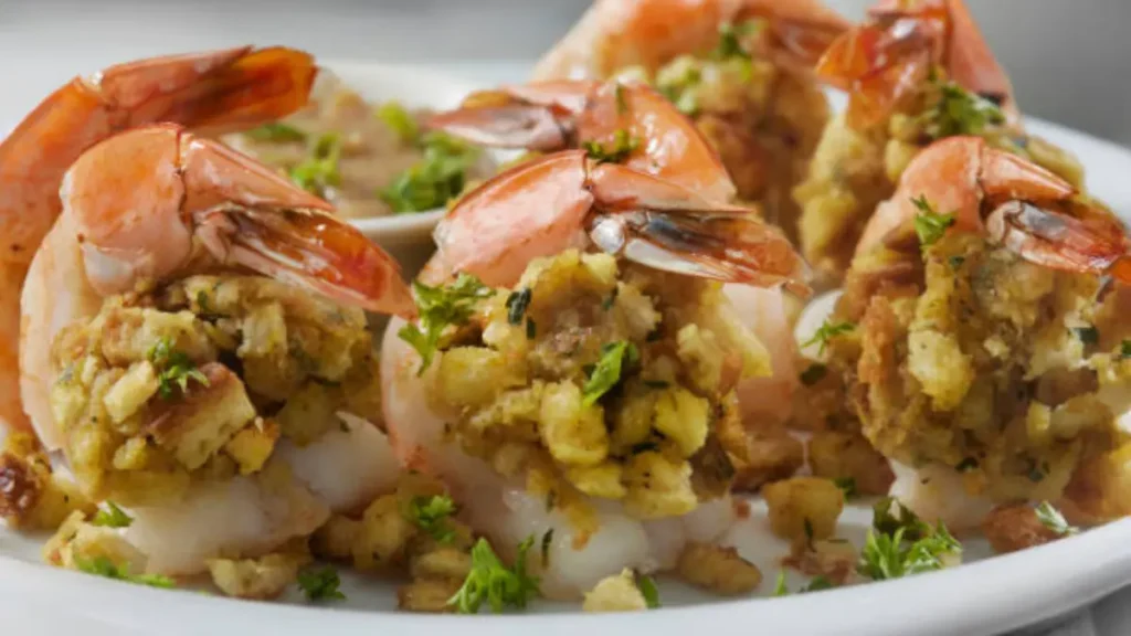 features stuffed shrimp, beautifully plated and garnished with fresh herbs. The shrimp are butterflied and filled with a savory stuffing made from breadcrumbs, herbs, and possibly crab or other seafood.