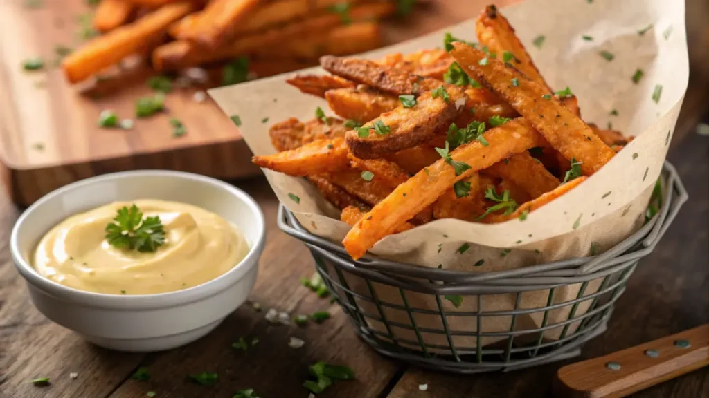 basket of crispy Sweet potato French fries sprinkled with parsley, served with a creamy honey mustard dipping sauce, on a rustic wooden table with vibrant lighting