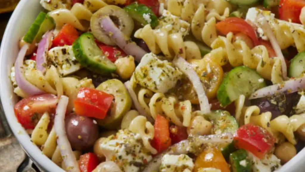 a vibrant cucumber tomato pasta salad with rotini pasta, fresh cucumbers, cherry tomatoes, red onions, olives, and feta cheese.