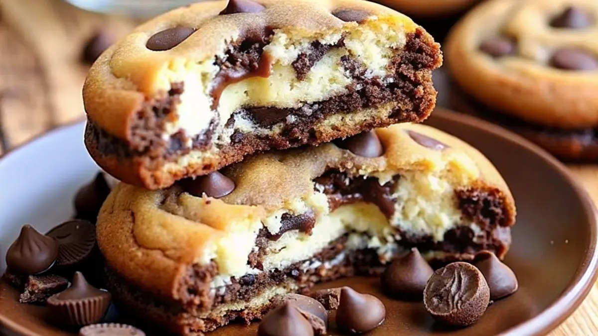 Close-up of cheesecake-filled chocolate chip cookies with a gooey cheesecake center, topped with chocolate chips. The cookies are stacked on a plate, with some broken in half to show the creamy filling inside