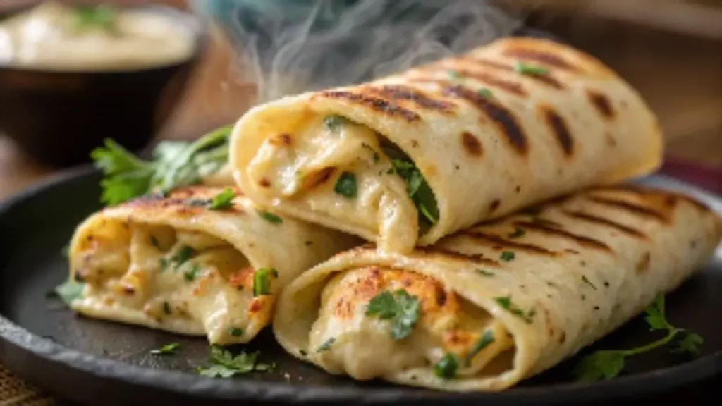 Chicken Wraps with Garlic Cream Sauce filled , garnished with fresh cilantro, served on a black plate