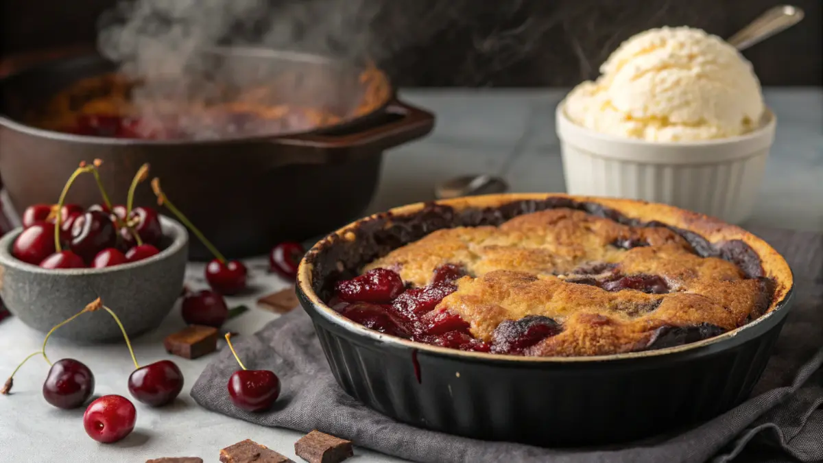 Freshly baked Chocolate Cherry Dump Cake served warm, garnished with whipped cream and maraschino cherries.