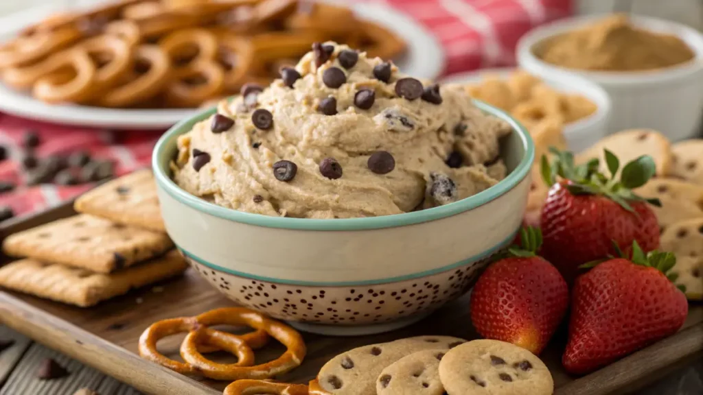 Finished Chocolate Chip Cookie Dough Dip in a decorative bowl, garnished with chocolate chips and surrounded by dippables