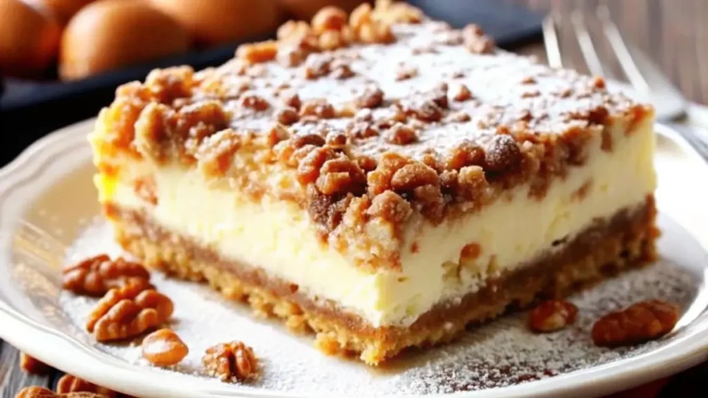 Close-up of a rich and creamy Neiman Marcus Cake with a golden crust, a smooth cheesecake-like filling, and a crunchy pecan topping, dusted with powdered sugar