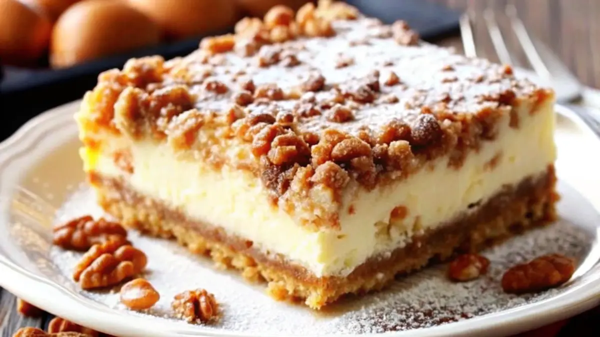 Close-up of a rich and creamy Neiman Marcus Cake with a golden crust, a smooth cheesecake-like filling, and a crunchy pecan topping, dusted with powdered sugar