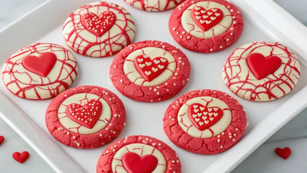 A plate of beautifully decorated red Valentine Crinkle Cookies with a festive Valentine's Day theme. Each cookie has a red crinkled base with a smooth white chocolate topping, accented with red heart decorations and intricate red drizzle patterns.