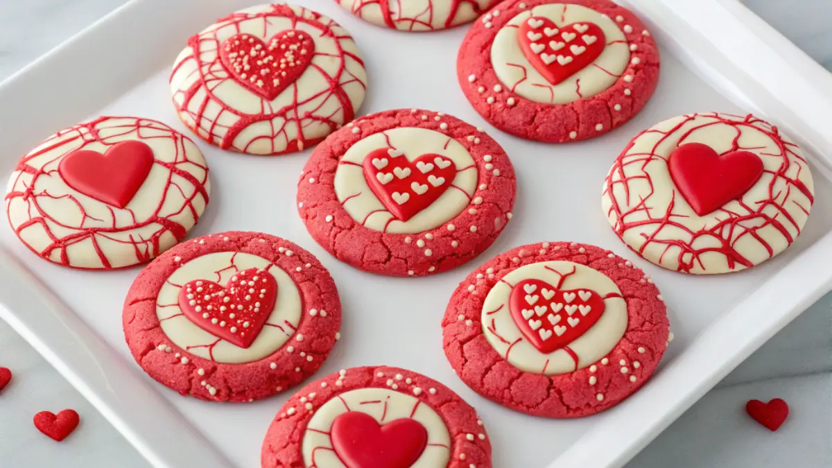 A plate of beautifully decorated red Valentine Crinkle Cookies with a festive Valentine's Day theme. Each cookie has a red crinkled base with a smooth white chocolate topping, accented with red heart decorations and intricate red drizzle patterns.